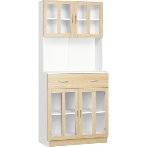 Buffet haut de cuisine, armoire de rangement multi-usages 4 portes vitrées en verre avec tiroir coulissant, étagère et grand plateau bois aspect chêne clair blanc. (1/5)