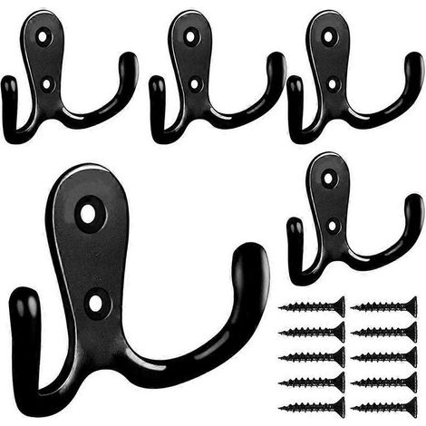 Crochet mural double pour peignoir avec vis, pour salle de bain, chambre ou porte (noir) (1/5)