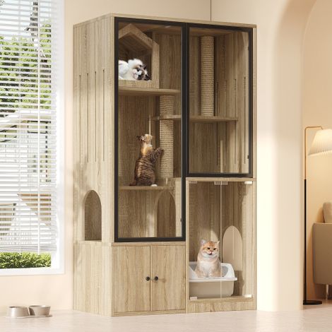 Cage pour chat, maison pour chat, maison pour chat en verre, grande clôture pour chat à quatre niveaux, maison pour petits animaux résistante à l'hiver, avec poteau à griffer, couleur bois naturel, 9 (1/5)
