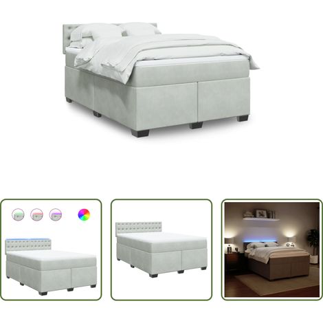 vidaXL LED-Beleuchtung - Boxspringbett mit Matratze Hellgrau 140x200 cm Samt (1/5)