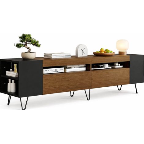 Meuble TV 180 cm noir et bois clair avec 2 portes, 4 niches ouvertes et passe-câbles, rangement pour salon moderne, structure MDF et panneau de particules CHICFURN (1/5)