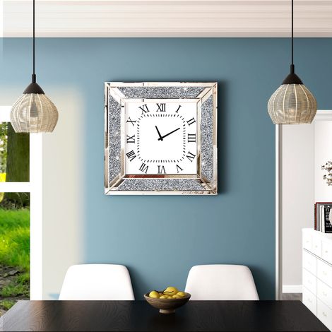 Horloge murale carrée avec cadre en miroir et strass, style luxueux pour la décoration intérieure (1/5)