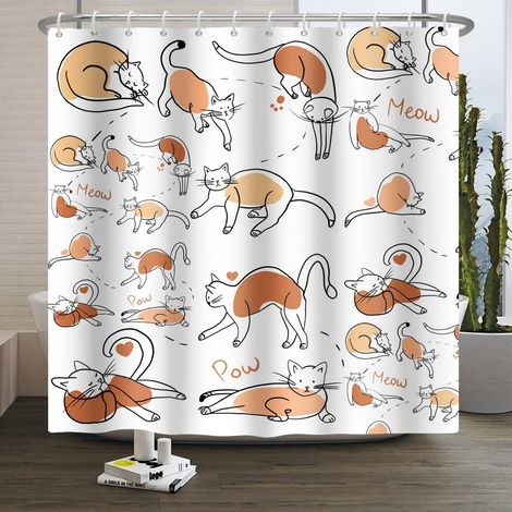 178x183cm Mignon Chat Rideau de Douche Marrant Dessin Animé Imprimé à la Main Thème Enfant Chaton Minou Blanc Polyester pour Salle de Bain avec Crochets (1/5)