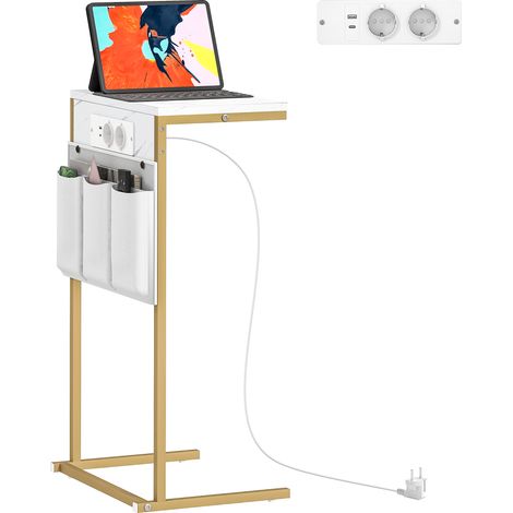 Wohnzimmertisch mit integrierten Steckdosen und USB-Anschlüssen, C-förmig, Ladestation und Ablagefächern, Marmoroptik, 25,5 x 40 x 71 cm (Weiß)
