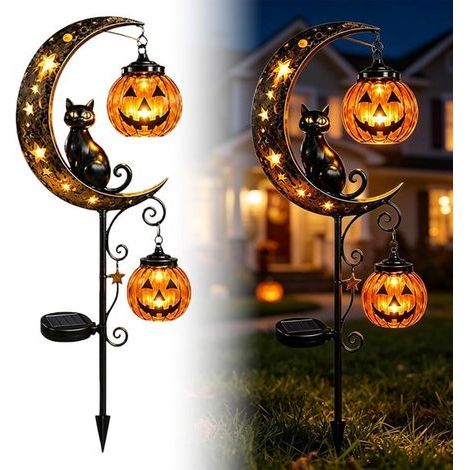 Halloween-Lampe mit Erdspieß – 87 x 17 x 6 cm – Solar-LED-Halloween-Licht – Verziert mit einer schwarzen Katze und einem Kürbismond (1/5)