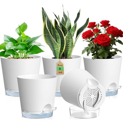 Lot de 5 pots de fleurs à réserve d'eau Ø 20 cm blancs avec indicateur de niveau (1/5)