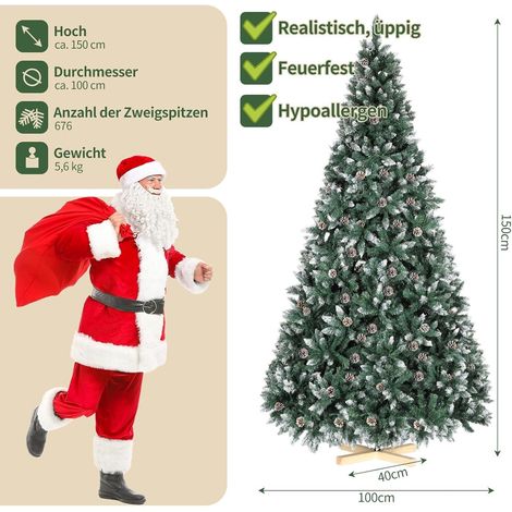 Künstlicher Weihnachtsbaum, künstlicher Weihnachtsbaum mit Kunstschnee und echten Zapfen, Holzsockel, feuerfestes Material (676 Zweige, 150 cm) (1/5)