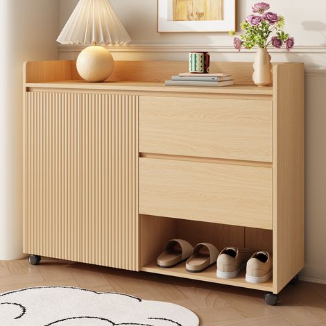 Scarpiera 110 x 35 x 86 cm colore legno naturale su ruote con freni armadio contenitore moderno da ingresso con ante battenti cassetti e nicchia aperta