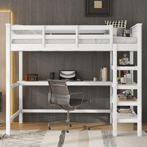 Lit mezzanine enfant 140x200 cm avec sommier inclus, lit en hauteur en bois avec bureau intégré et étagères, sans matelas, blanc (1/5)