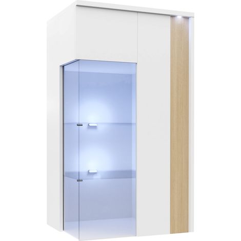 Armario de pared Florem I, Blanco + Blanco brillante + Luminoso madera, 110x52cm, Número de puertas: 140cm, Aglomerado laminado, LED