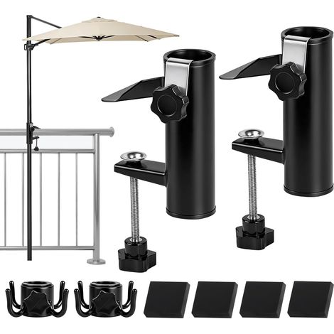 2Pcs Support de Parasol pour Balcon, Pied de Parasol avec Accroche & Bloc en Caoutchouc, Support de Parasol Réglable, Attache Parasolbalcon pour Balustrade de Balcon, Jardin, Terrasse, Noir (1/5)