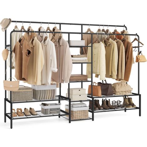 Portant à Vêtements, Armoire Penderie Ouverte, Porte-manteau avec 9 Étagères, Cadre en Métal, Tringles, pour Chambre, Salon, Entrée, Noir