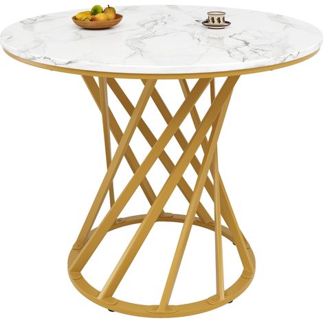 Table à manger ronde 4 places 80 x 80 x 76 cm, plateau MDF blanc marbré, pieds métal doré réglables, table de cuisine ou salon, moderne et stable - CHICFURN (1/5)