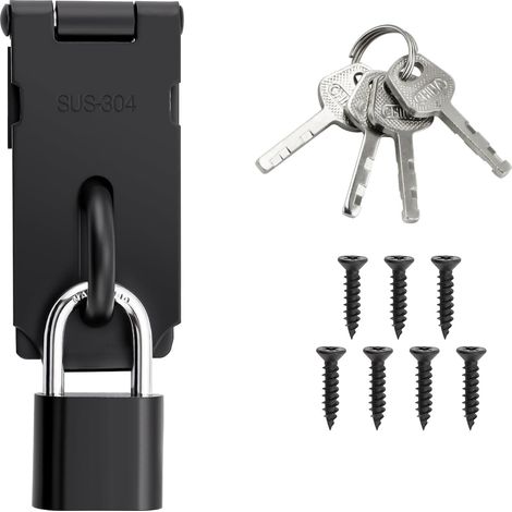 Verrou Porte Exterieur Loquet Porte avec Cadenas, 3 Pouces Noir Mat Verrou Porte Coulissante en Acier Inoxydable Loquet Verrou Portail Serrure Volet Porte Interieure pour Fenêtre, Placard (1/5)