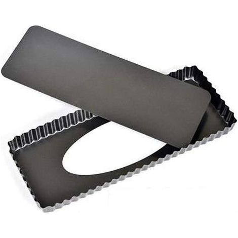 Moule à pizza rectangulaire de 36,5 x 14,5 x 3 cm, en acier au carbone antiadhésif, avec fond en dentelle. (1/4)