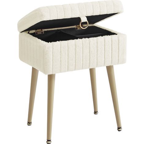 Songmics – Tabouret de coiffeuse avec rangement – Rembourré en velours – Pieds en métal réglables – Capacité 200 kg – Dimensions 30 x 40 x 50 cm – Blanc crème