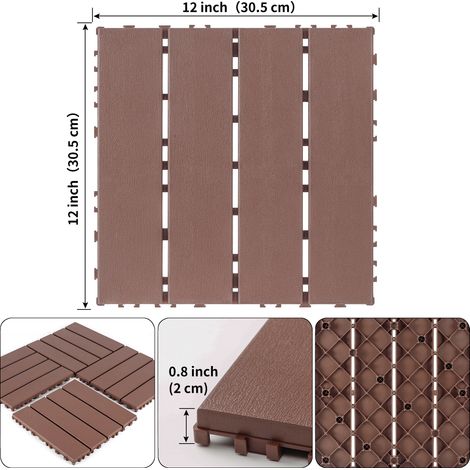 Dalles de terrasse en plastique emboîtables, 44 pièces, 30x30 cm, imperméables, usage extérieur et intérieur, antidérapantes pour balcon, piscine, jardin, marron. (1/5)