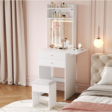 Tocador compacto con iluminación LED regulable, 1 taburete, 2 cajones, MDF blanco DESVIAE (1/5)