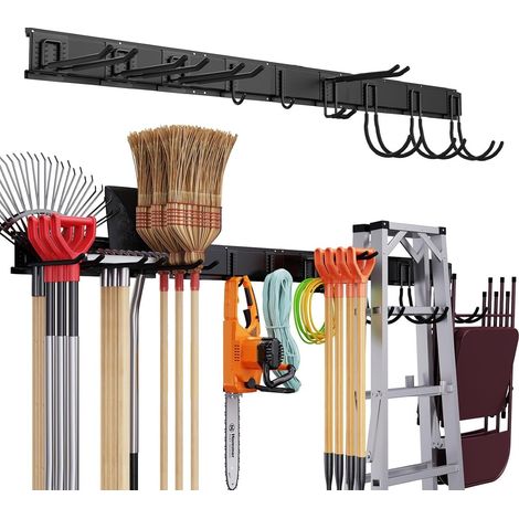 TOJ Living Support mural pour balais & outils – Organiseur de garage [3 rails + 9 crochets] – 120 cm – Métal – noir mat