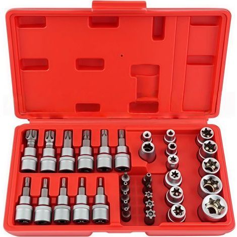 Ensemble 34 Pièces - Douille Torx - Embout Mécanique - Acier Chrome-Vanadium - Réparation Auto Et Bricolage - Argent - Boîte Rouge (1/5)