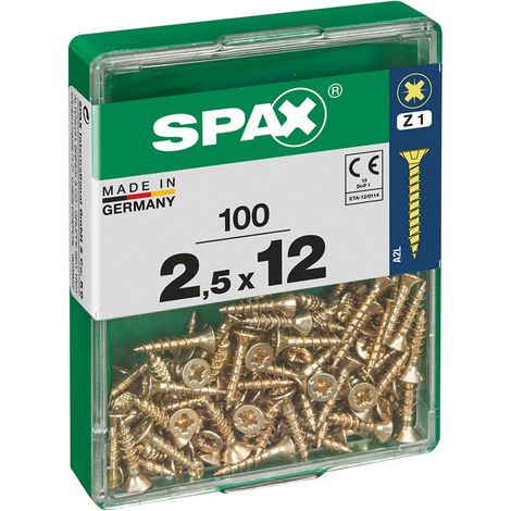 Spax – Boîte de 100 vis à bois tête plate Yellox 2,5x12mm – Filetage complet – Pointe S pour démarrage facile – Empreinte Z1 (1/10)