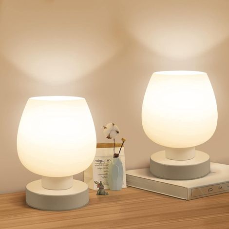 Lot de 2 petites lampes de table modernes : abat-jour en verre blanc, ampoule LED chaude, variateur à 3 niveaux, tactile (1/5)