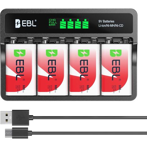 Chargeur de Piles 9V Rechargeables Écran LCD Intelligent, pour Détecteur de Fumée, Détecteur CO, Multimètre, Microphone, Jouets Electroniques, etc. (1/5)