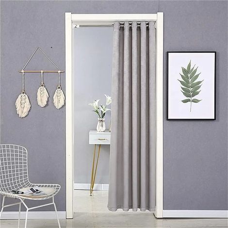 Rideau de porte occultant pour fenêtre et porte, isolation thermique, décoration intérieure avec barre télescopique, gris clair, 120 x 190 cm (1/5)