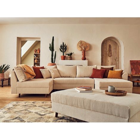 Rune – wohnlandschaft links – 7-sitzer – mit hocker – aus cord - beige
