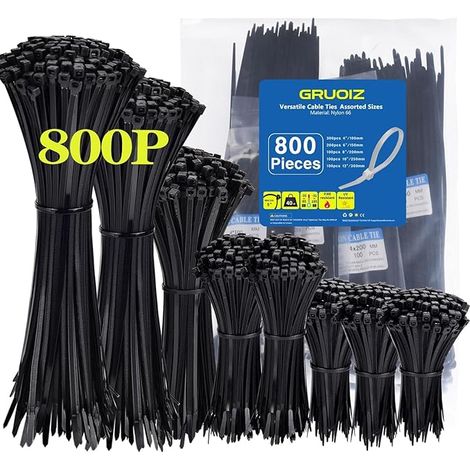 Collier 800 Pièces Rilsan, GRUOIZ Attache Câble Collier de Serrage Plastique 3.6mm Zip Ties (100/150/200/250/300mm) Serre Câbles Rilsan Noir Nylon, Colliers Rilsan Cable Ties Plastique (1/5)