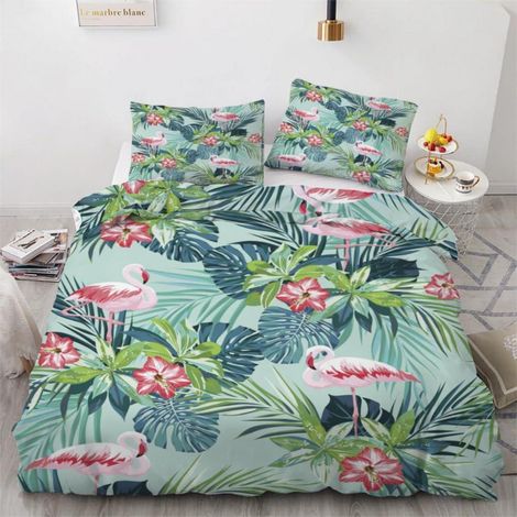 Bettwäsche-Set 200x200 cm 3-teilig mit Flamingos und Blumen, Mikrofaser, Wendebettwäsche mit Reißverschluss