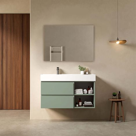 Mobile bagno sospeso 100 cm Verde Salvia Lavabo a Sinistra in Resina Specchio Quadro - Fiji Paint Plus (1/4)