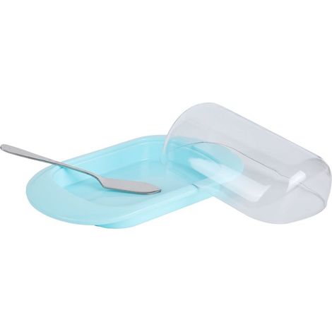Aufbewahrungsbox aus Kunststoff für Butter, Käse, Desserts und Brot mit abgerundeten Kanten, transparentem Deckel und blauem Messer (1/5)