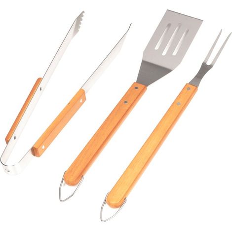 Set mit 3 Zubehörteilen aus rostfreiem Stahl mit Bambusgriff zum Grillen und Plancha-Grillen