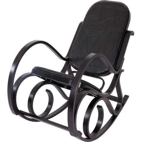 [JAMAIS UTILISÉ] Rocking-chair fauteuil à bascule M41, imitation noyer, cuir Patchwork, noir
