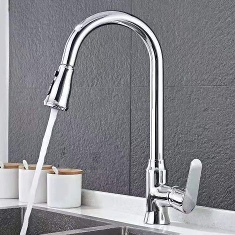 All-copper pull-out kitchen sink faucet, retractable hot and cold water faucet for home use – alloy body, electroplated pagoda design, with inlet pipe.