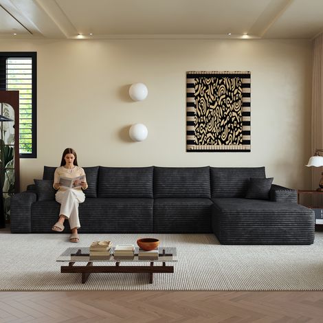 Canapé Modulaire 4 Places en Velours Côtelé avec Méridienne à Droite, Sans Assemblage, Noir