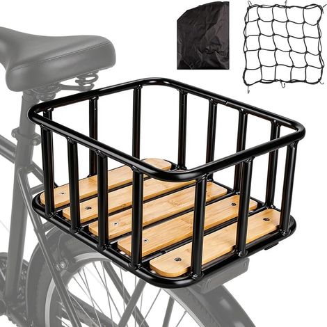 Panier de vélo arrière en acier avec fond en bois, housse imperméable et filet cargo – Grande capacité de charge pour vélo électrique, quotidien et voyage (1/5)
