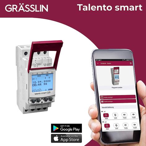 Grässlin 43.03.0002.1 talento smart C25 - Digitale Astro-Schaltuhr mit App-Programmierung, Wochenprogramm und Gangreserve I 2-Kanäle I 2TE I Montage auf Din-Schiene I 500 Speicherplätze