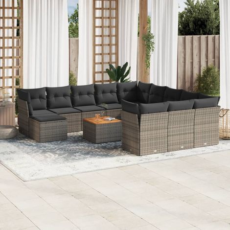Ensemble de salon de jardin 13 pièces en résine tressée gris, 12 sièges + table acacia + repose-pied, modulable, coussins lavables (1/3)