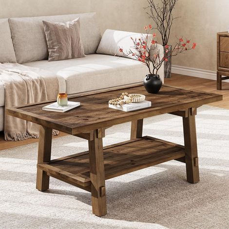 Tribesigns Solid Wood Coffee Table, 47-Inch Rustic Coffee Table for Living Room, 2-Tier Wood Farmhouse Rectangle Center Table with Storage, Vintage Brown (1/5)