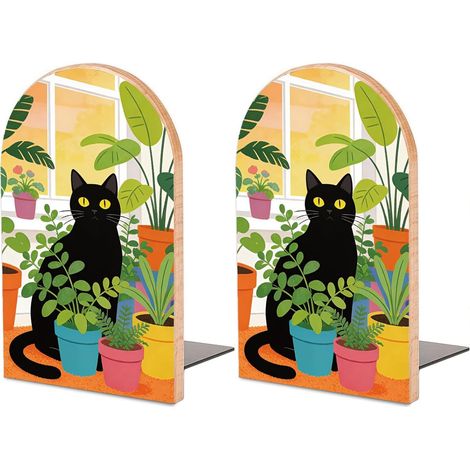 Serre-Livres Bois Plante et Chat Design Moderne (1/5)