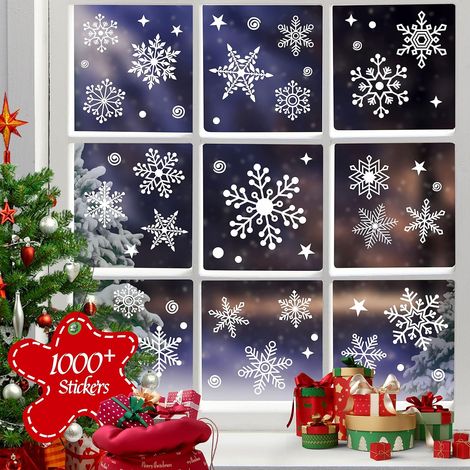 1000pcs + décoration de fenêtre de Noël, 25 + conception d'autocollants statiques flocons de neige décoration de fenêtre de Noël articles de fête congelés Étiquettes de nouvel (1/5)