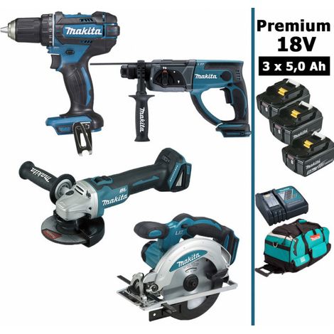 Makita – Pack de 4 outils électroportatifs 18V 5Ah – Perceuse DDF482 62Nm – Meuleuse DGA504 8500tr/min – Perfo DHR202 2J – Scie DSS610 165mm (1/4)