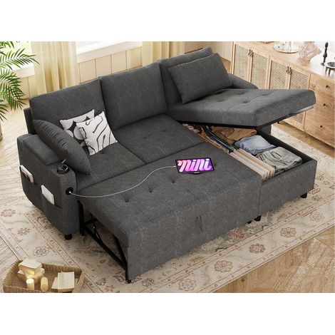 YODOLLA Schlafsofa 3-in-1, Umschaltbare Chaiselongue Sofa mit Bettkasten, USB-Ports & Tassenhalter, Grau