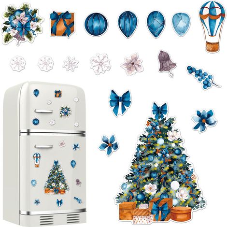 Autocollant Magnetique Noel - 18 Pièces Motifs Flocon De Neige Bonhomme De Neige Arbre De Noël - Pour Frigo Porte Métallique Lave-Vaisselle Micro-Ondes - PVC Bleu Blanc (1/5)