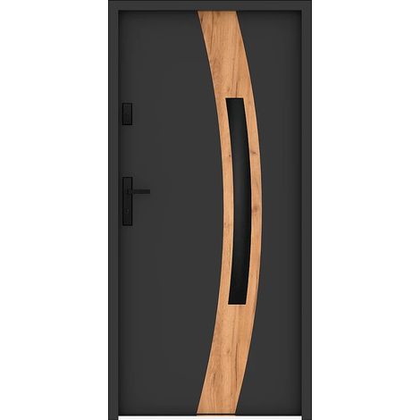 Porte d'entrée en acier vitrée avec inox H207 x L100 cm - verre fumé - anthracite et effet chêne - épaisseur 55 mm - poussant droit - TROFA (1/5)
