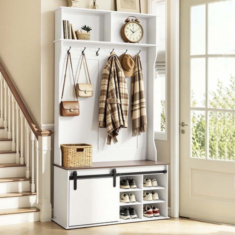 VEVOR Appendiabiti per Ingresso, Armadio Multifunzioni Larghezza 1060 mm, con Panca Ganci Appendiabiti Ripiani Portaoggetti e Porta Scarpe Regolabili, in Legno, Colore Bianco, per Ingressi e Corridoi (1/5)