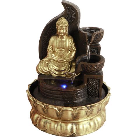 Fontaine décorative en résine avec statue de Bouddha et pompe à eau, dotée d'un éclairage LED et d'un socle en forme de lotus. Modèle : 16109, norme européenne 220 V. (1/5)