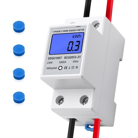 Compteur Electrique Monophasé Rail DIN 220V 5(80) A, Sous Compteur Electrique LCD Rétroéclairé 50/60Hz, Mesure Consommation kWh Tension Courant (1/5)